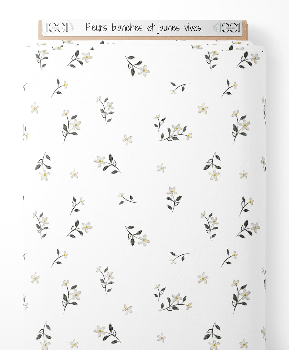 Tissu - Fleurs blanches et jaunes vives