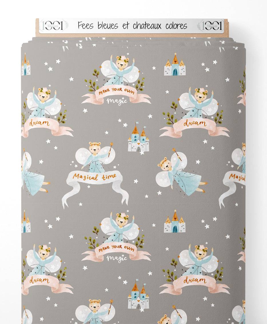 Tissu - Fées bleues et châteaux colorés