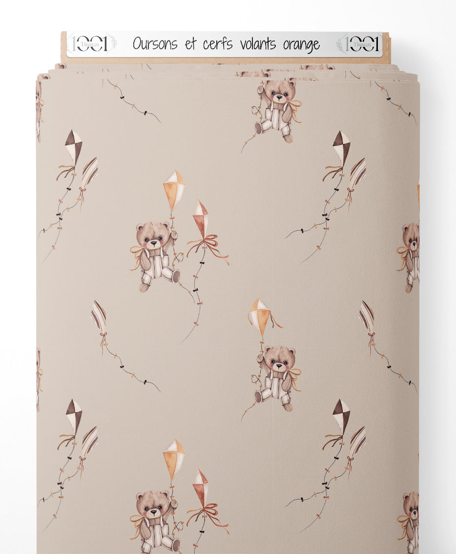 Tissu - Oursons et cerfs-volants orange