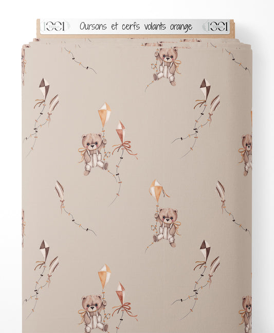 Tissu - Oursons et cerfs-volants orange