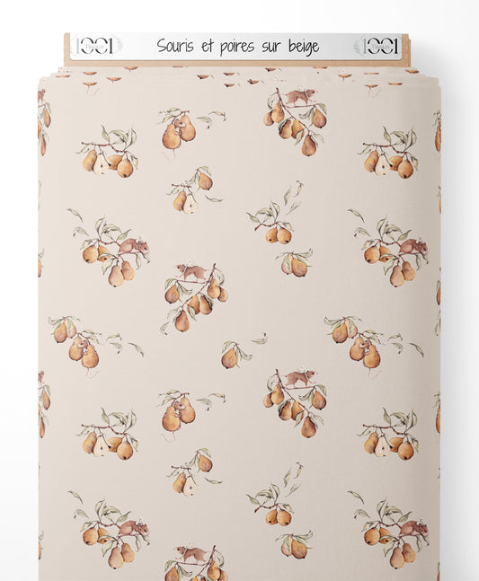 Tissu - Souris et poires sur beige