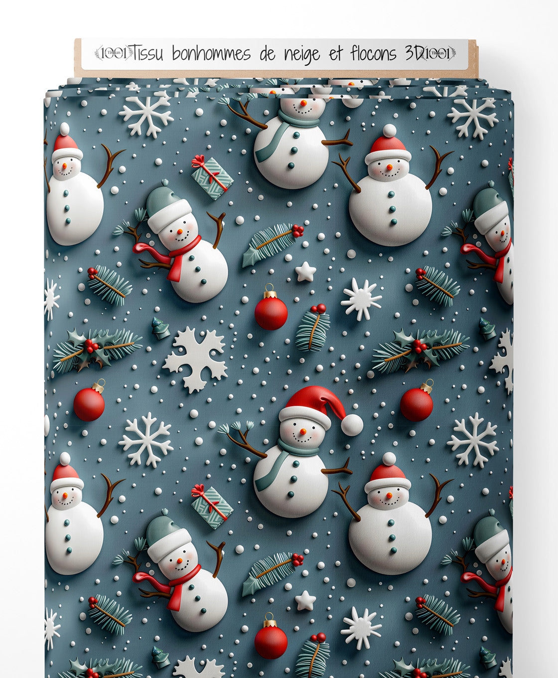 Tissu - bonhommes de neige et flocons 3D