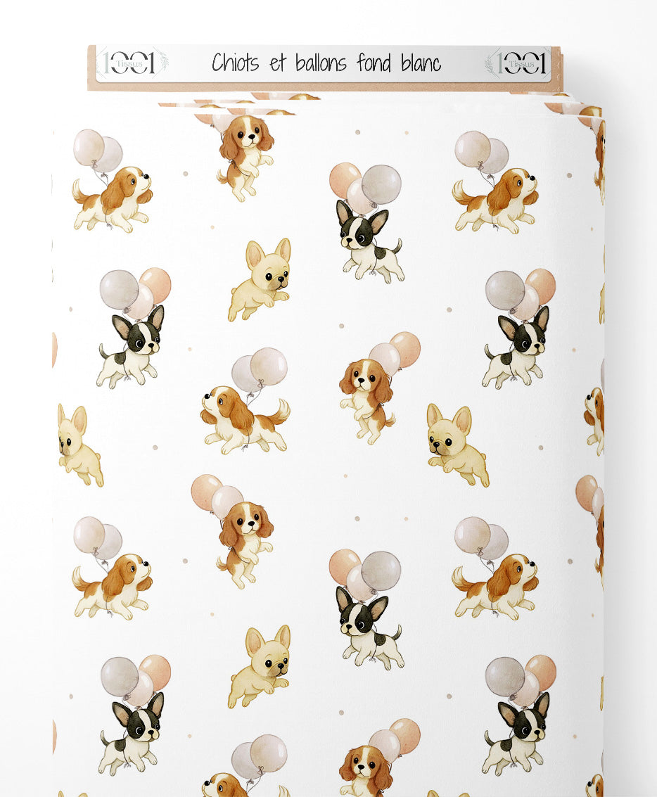 Tissu - Chiots et ballons sur fond blanc