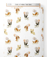 Tissu - Chiots et ballons sur fond blanc