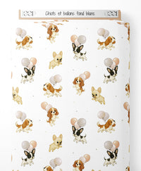 Tissu - Chiots et ballons sur fond blanc