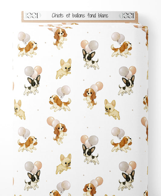 Tissu - Chiots et ballons sur fond blanc