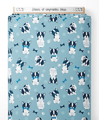 Tissu - Chiens et empreintes bleus