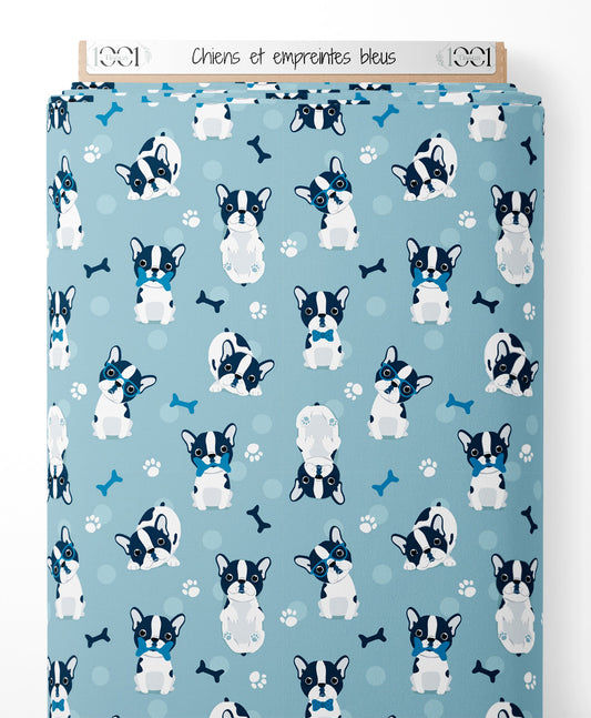 Tissu - Chiens et empreintes bleus