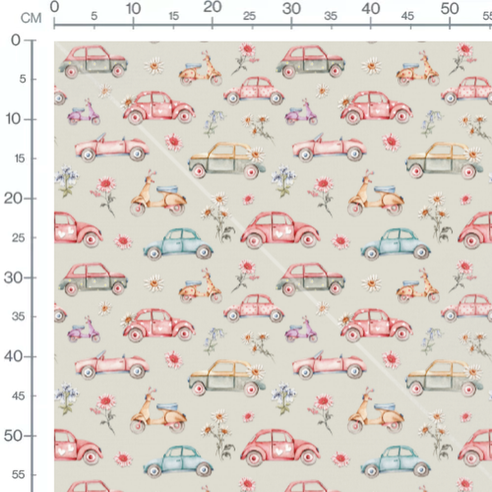 Tissu - Voitures et fleurs sur beige
