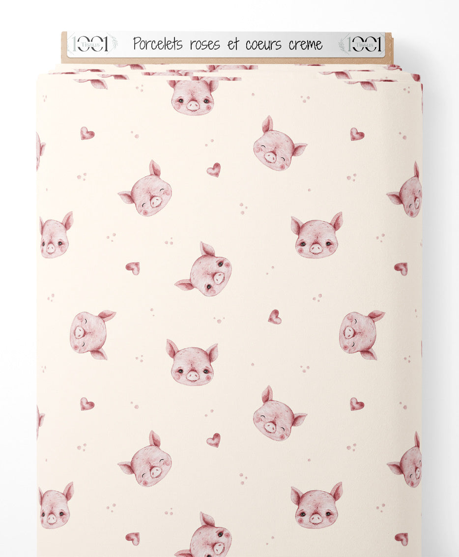 Tissu - Porcelets roses et cœurs crème