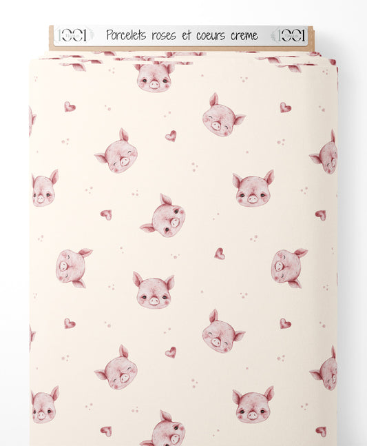 Tissu - Porcelets roses et cœurs crème