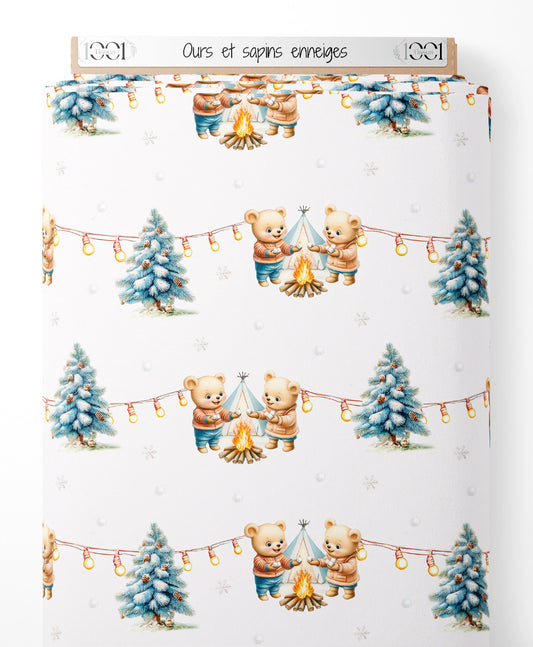 Tissu - Ours et sapins enneigés