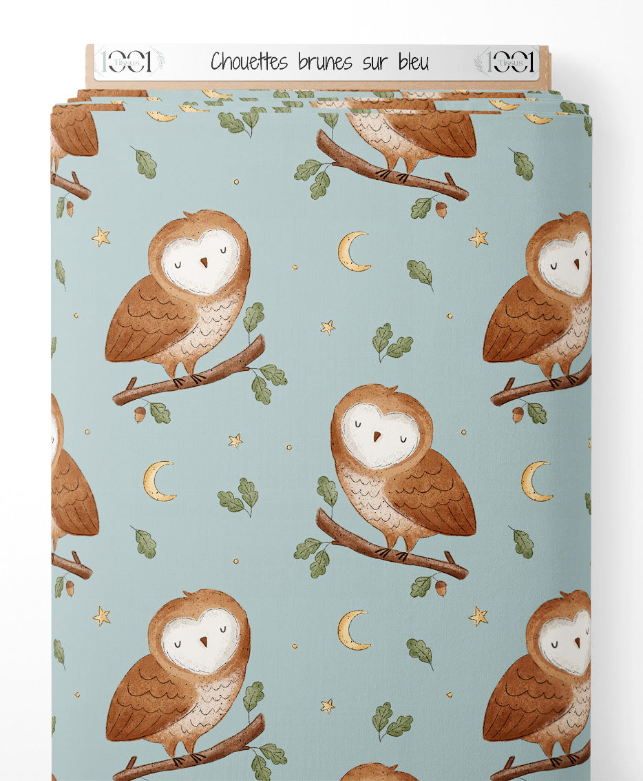 Tissu - Chouettes brunes sur bleu