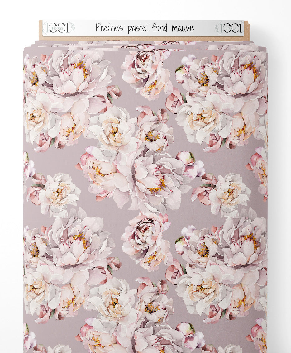 Tissu - Pivoines pastel sur fond mauve