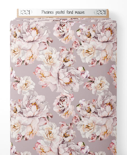 Tissu - Pivoines pastel sur fond mauve