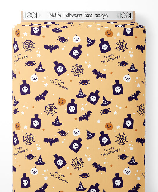 Tissu - Motifs Halloween sur fond orange