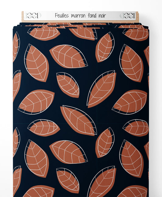 Tissu - Feuilles marron sur fond noir