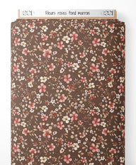 Tissu - Fleurs roses sur fond marron