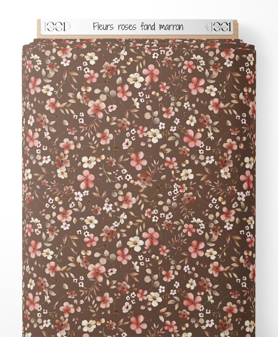 Tissu - Fleurs roses sur fond marron