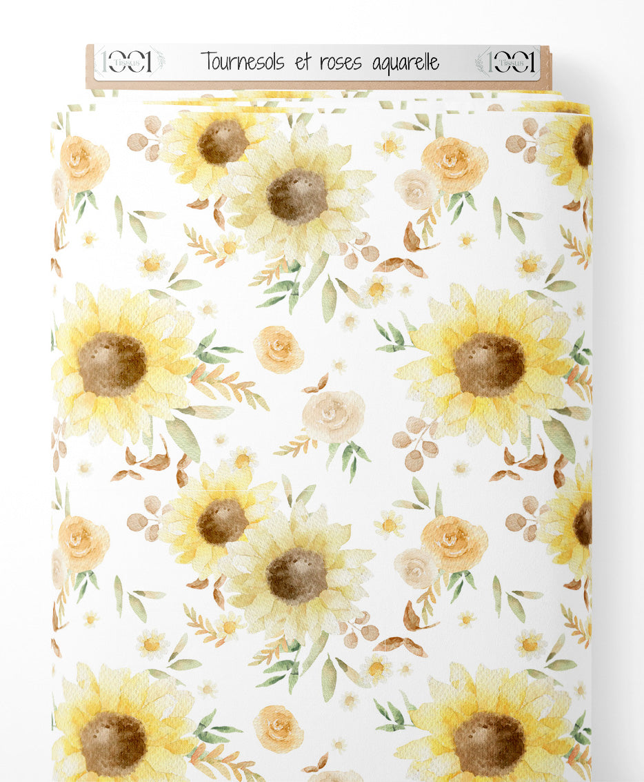 Tissu - Tournesols et roses aquarelle