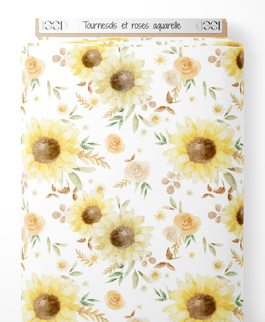 Tissu - Tournesols et roses aquarelle