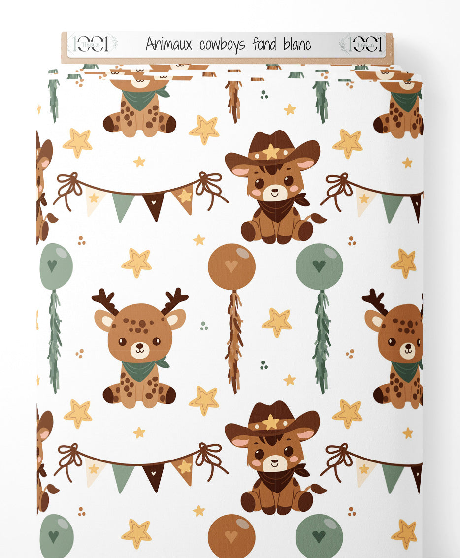 Tissu - Animaux cowboys sur fond blanc