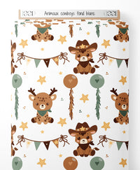 Tissu - Animaux cowboys sur fond blanc