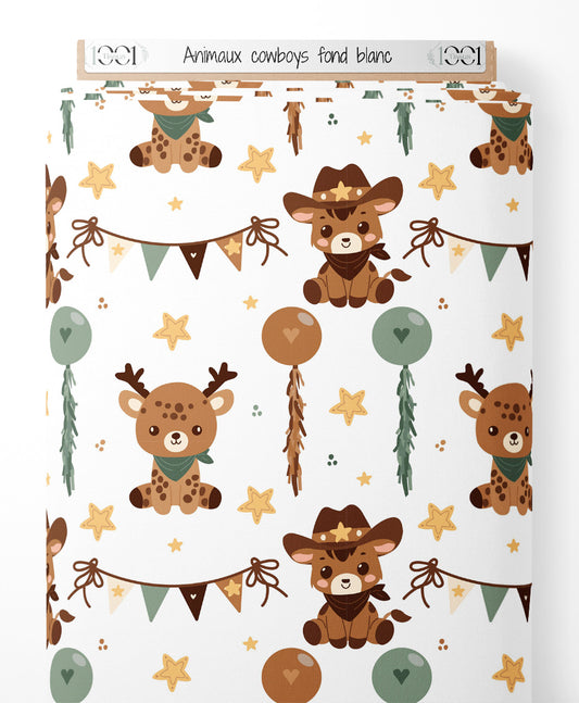 Tissu - Animaux cowboys sur fond blanc