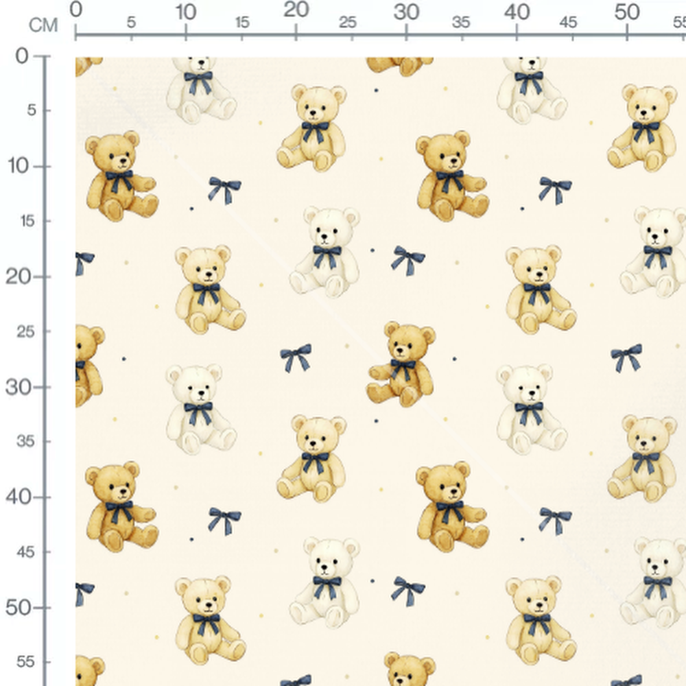 Tissu - Oursons crème et nœuds bleus