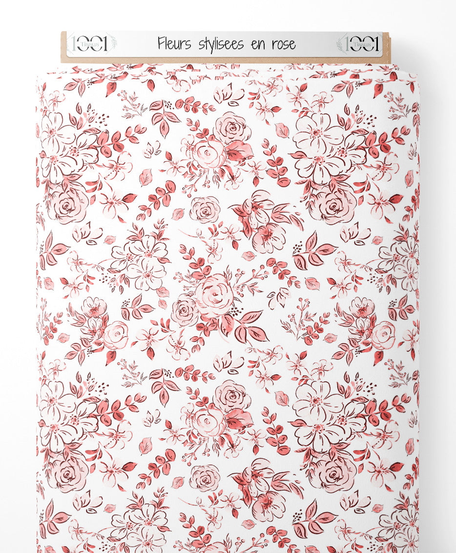 Tissu - Fleurs stylisées en rose