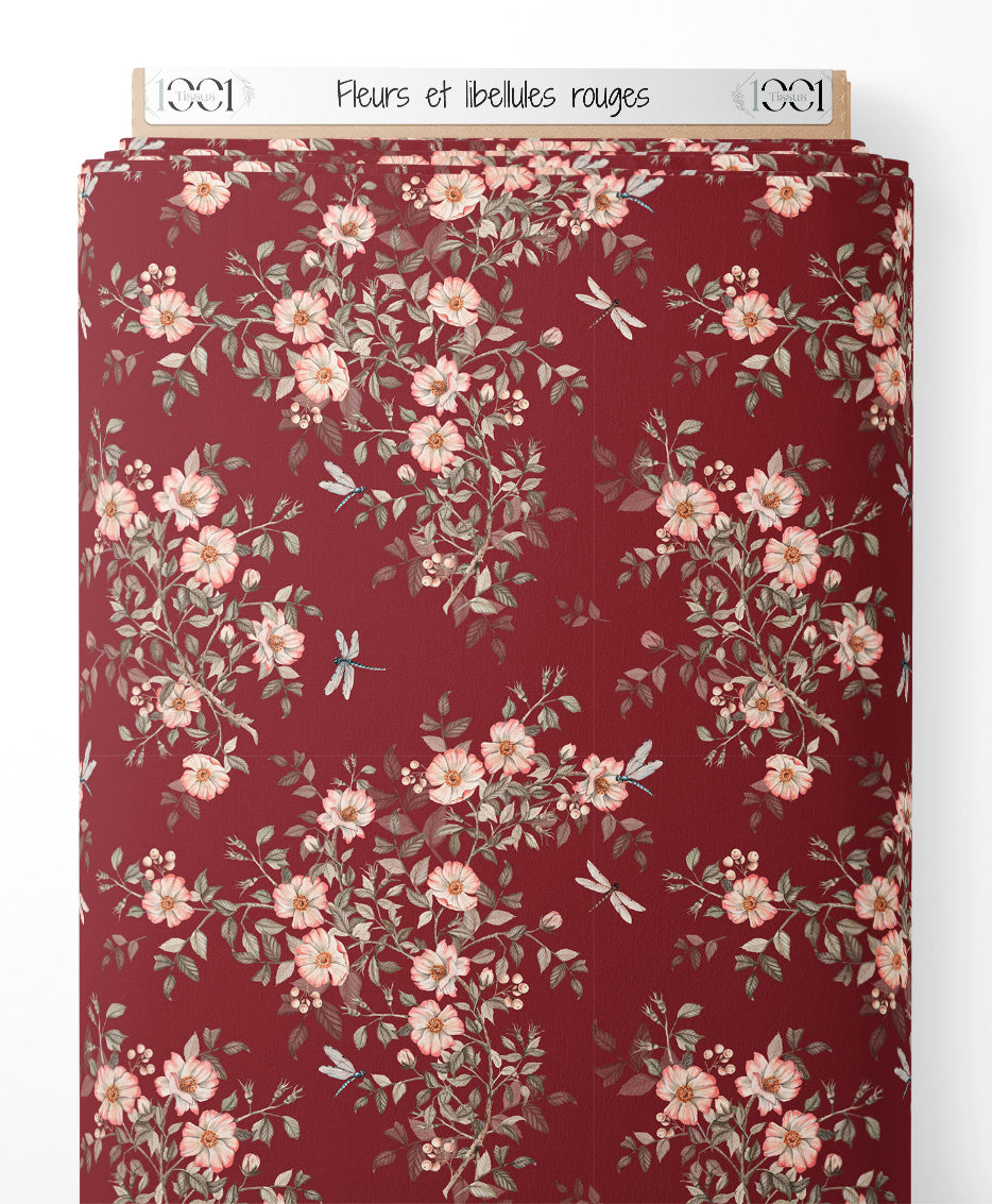 Tissu - Fleurs et libellules rouges