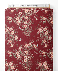 Tissu - Fleurs et libellules rouges