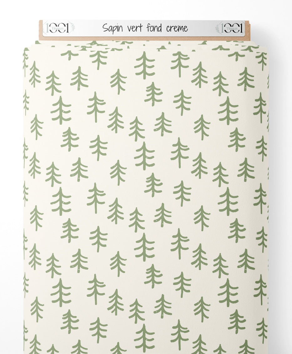 Tissu - Sapin vert sur fond crème