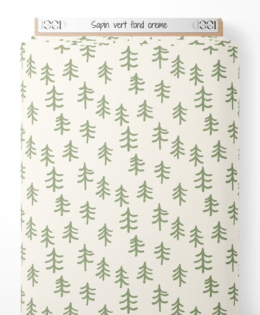 Tissu - Sapin vert sur fond crème