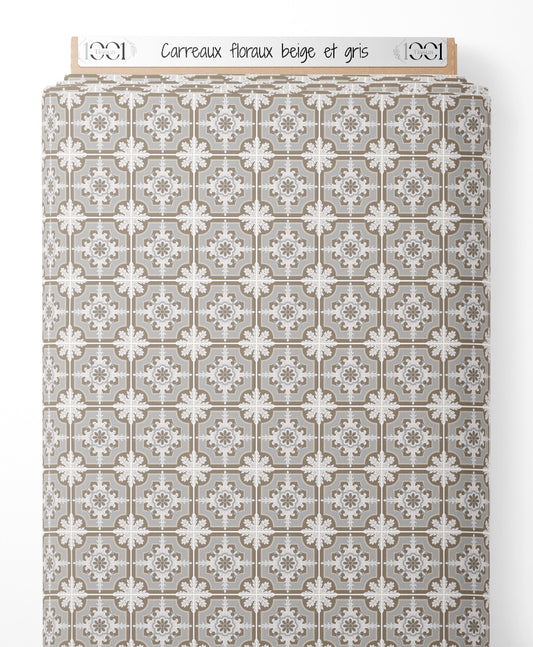 Tissu - Carreaux floraux beige et gris
