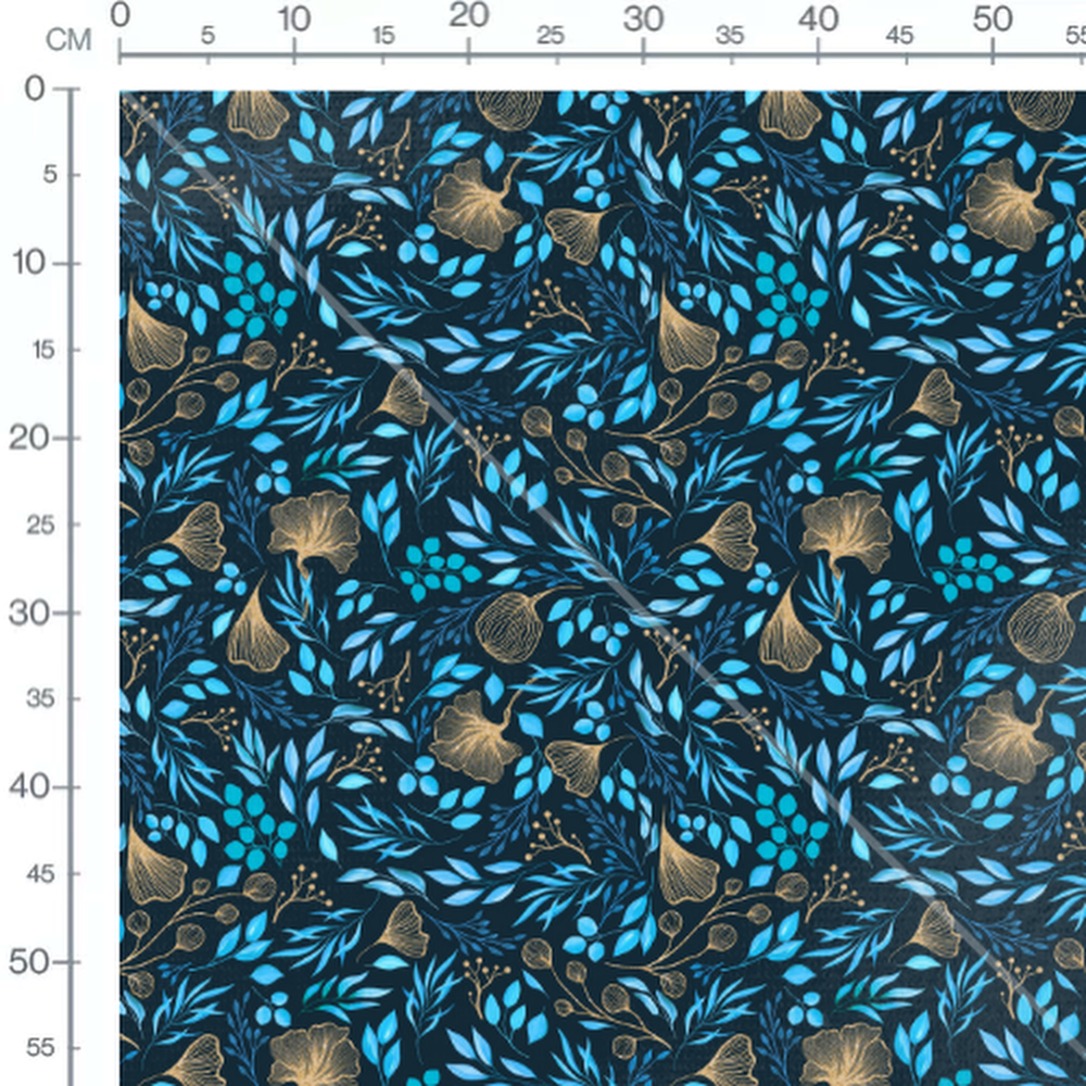 Tissu - Feuilles bleues et dorées 2