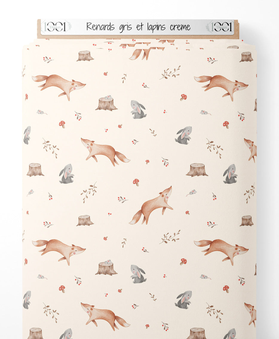 Tissu - Renards gris et lapins crème