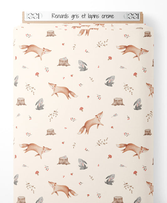 Tissu - Renards gris et lapins crème