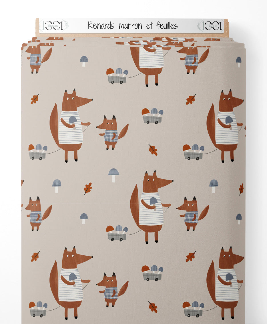 Tissu - Renards marron et feuilles