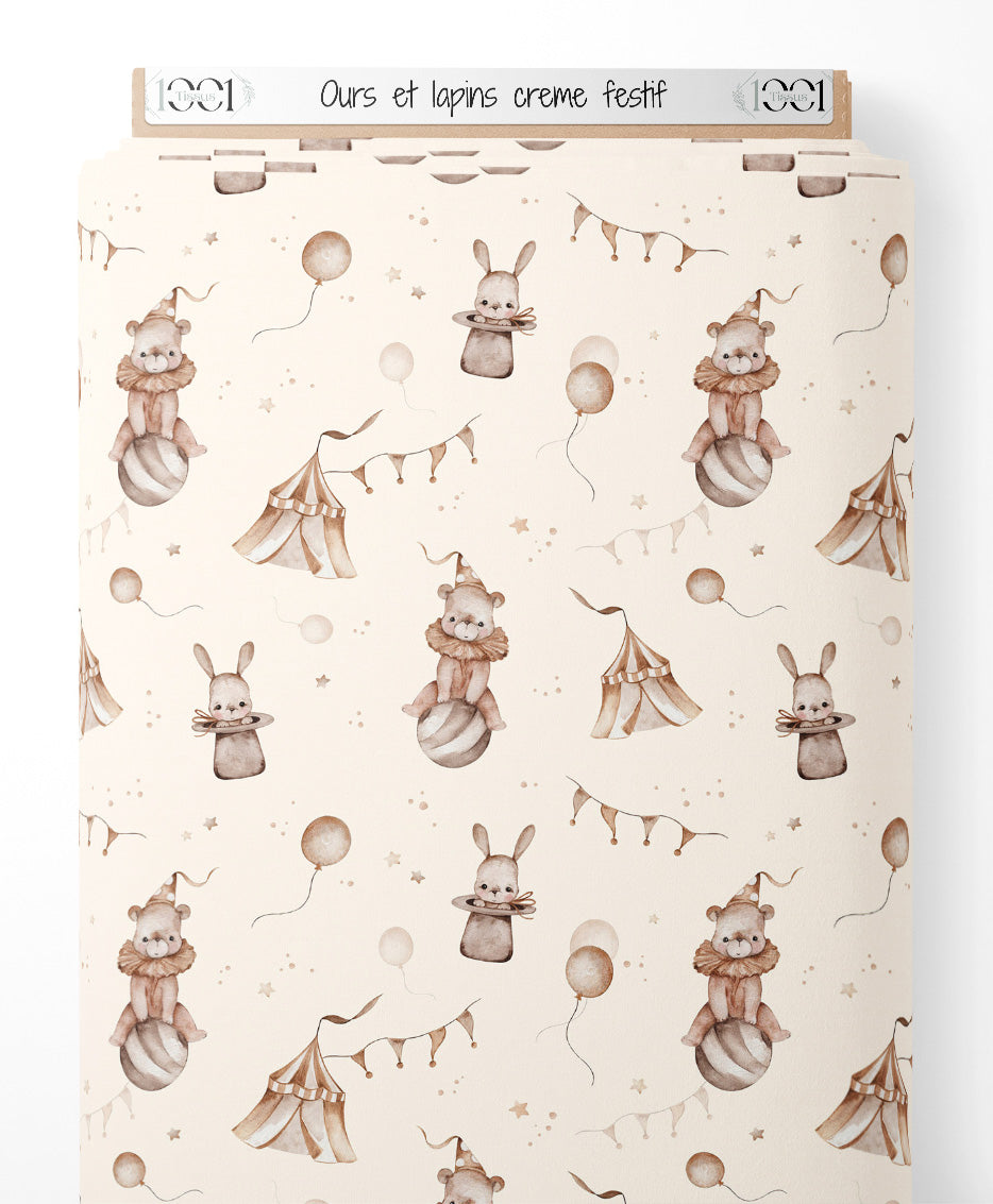 Tissu - Ours et lapins crème festif