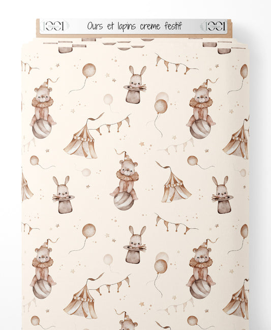 Tissu - Ours et lapins crème festif