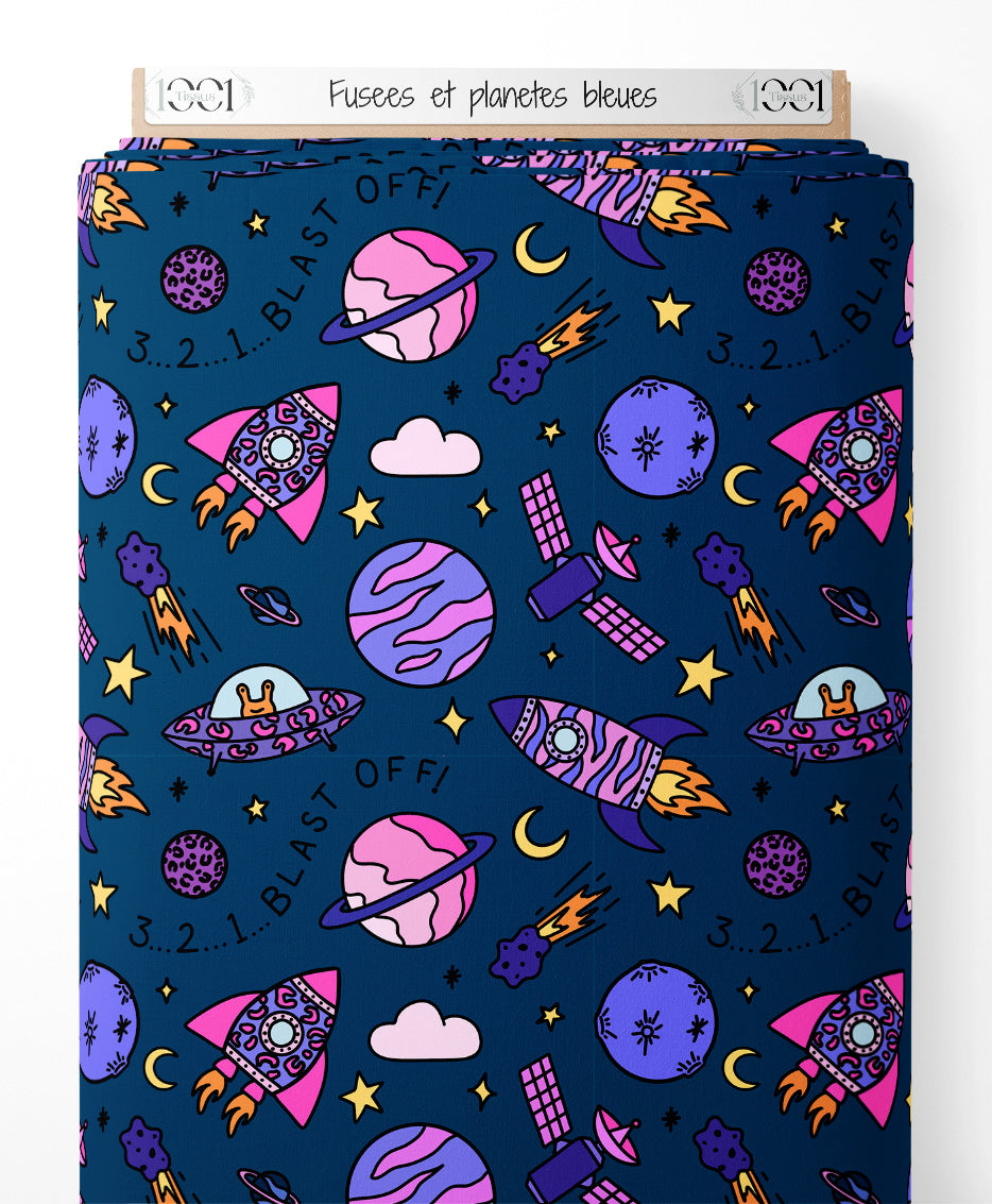 Tissu - Fusées et planètes bleues