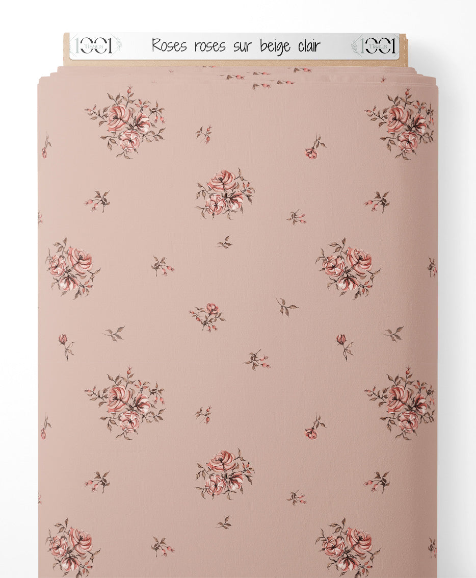 Tissu - Roses roses sur beige clair
