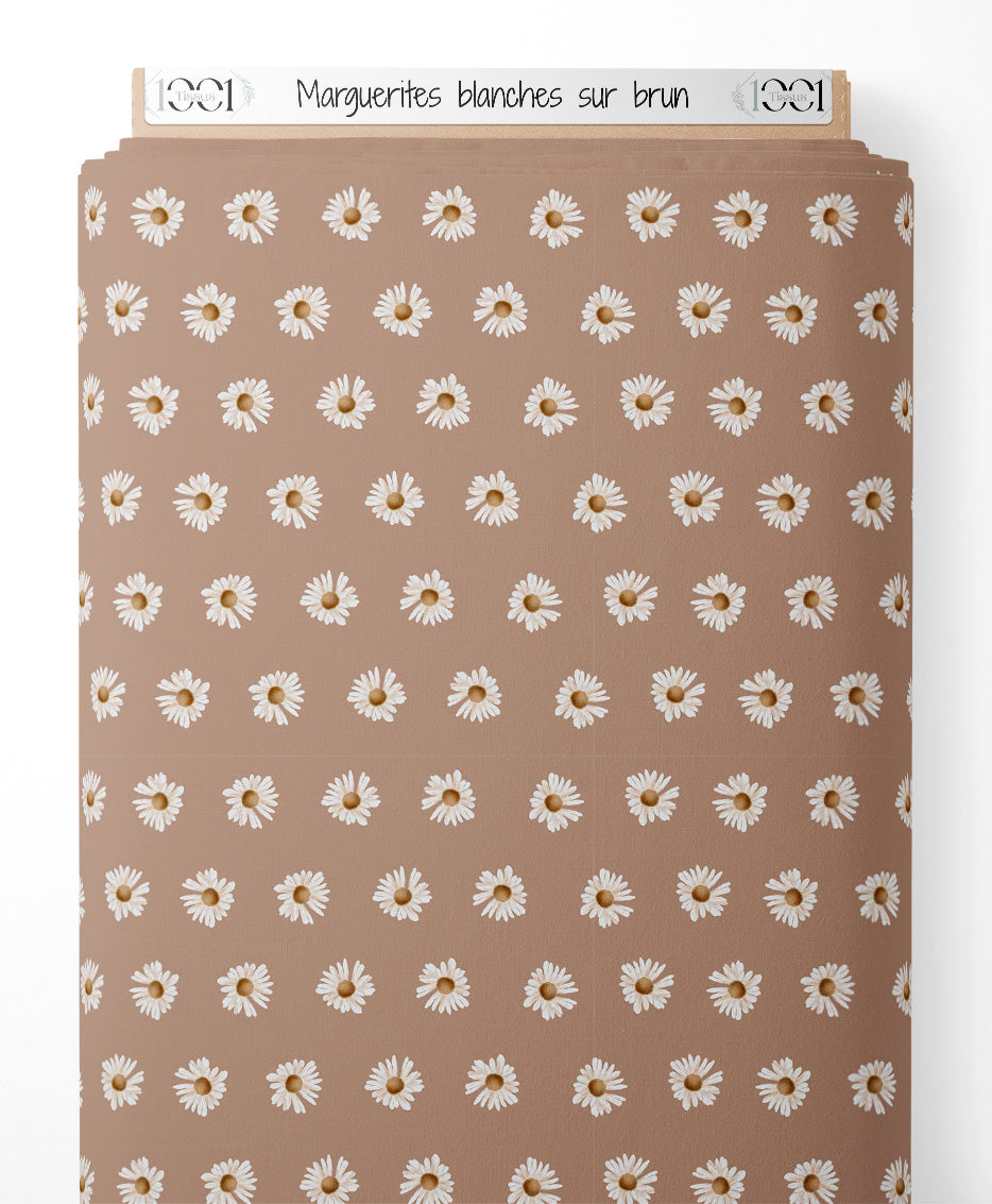 Tissu - Marguerites blanches sur brun