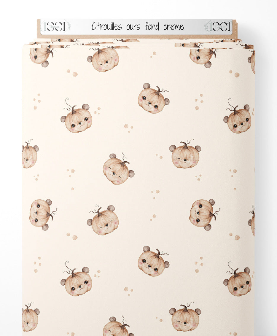 Tissu - Citrouilles ours sur fond crème