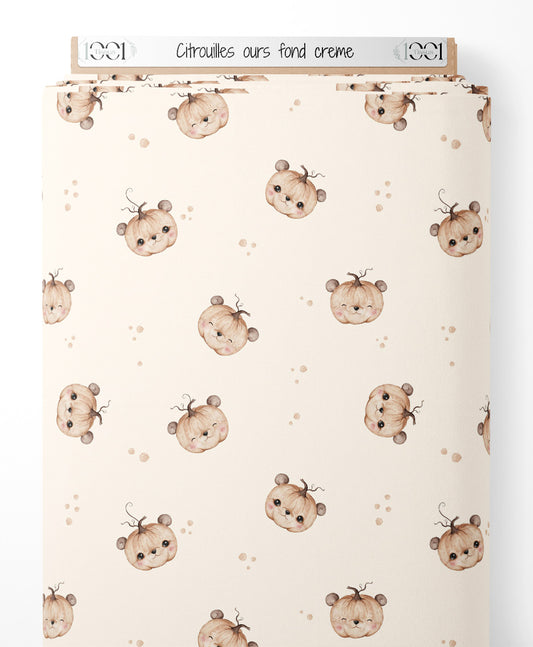 Tissu - Citrouilles ours sur fond crème