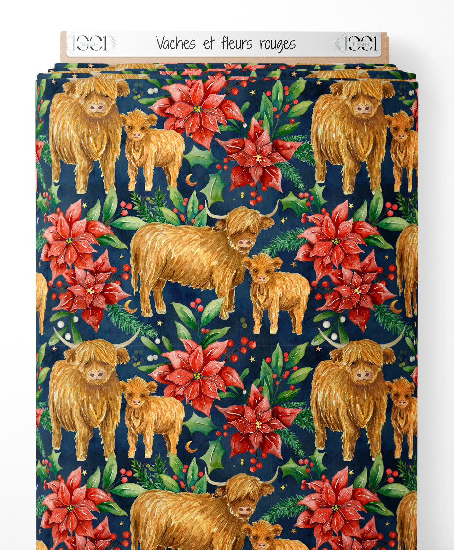 Tissu - Vaches et fleurs rouges