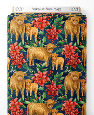 Tissu - Vaches et fleurs rouges