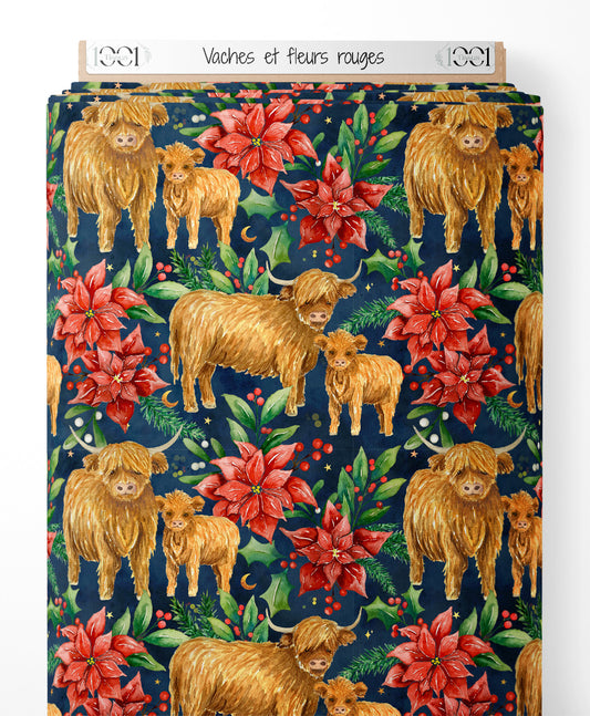 Tissu - Vaches et fleurs rouges