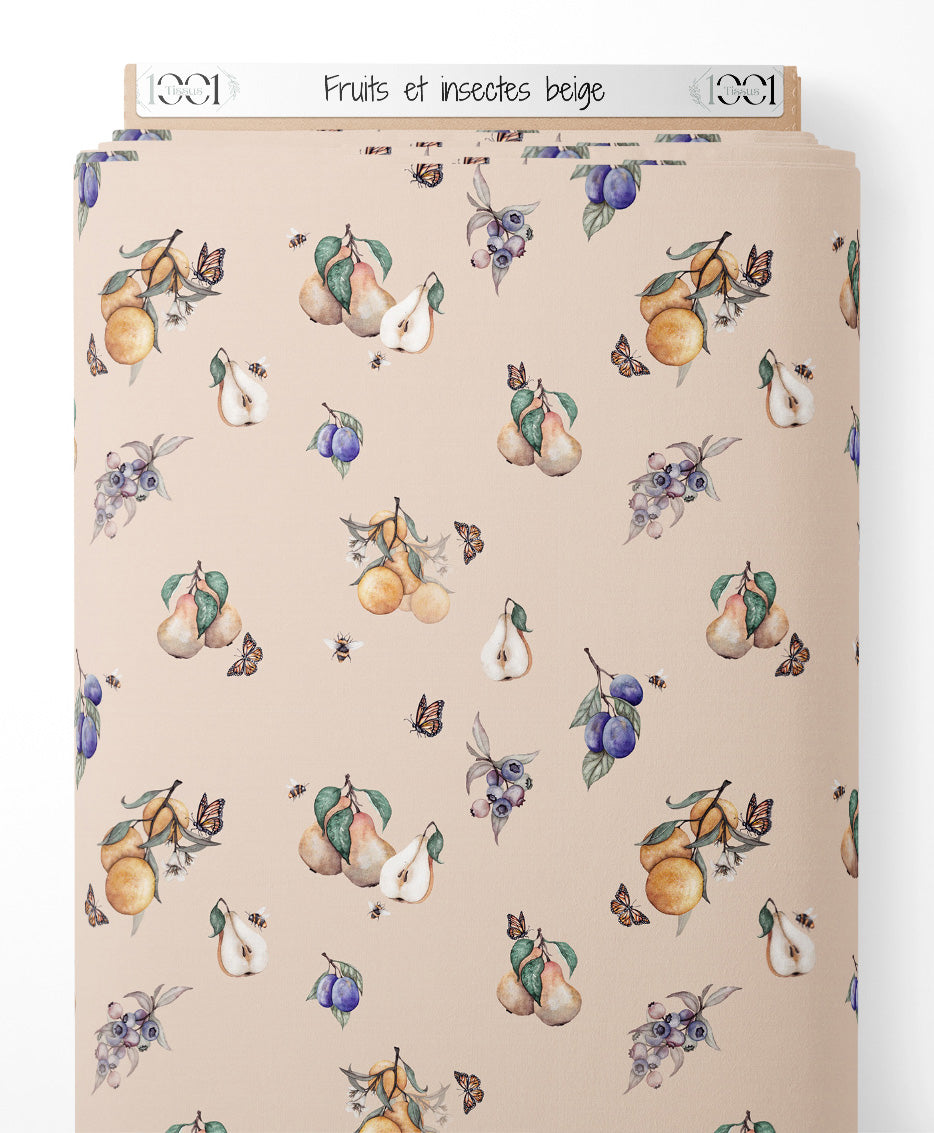 Tissu - Fruits et insectes beige